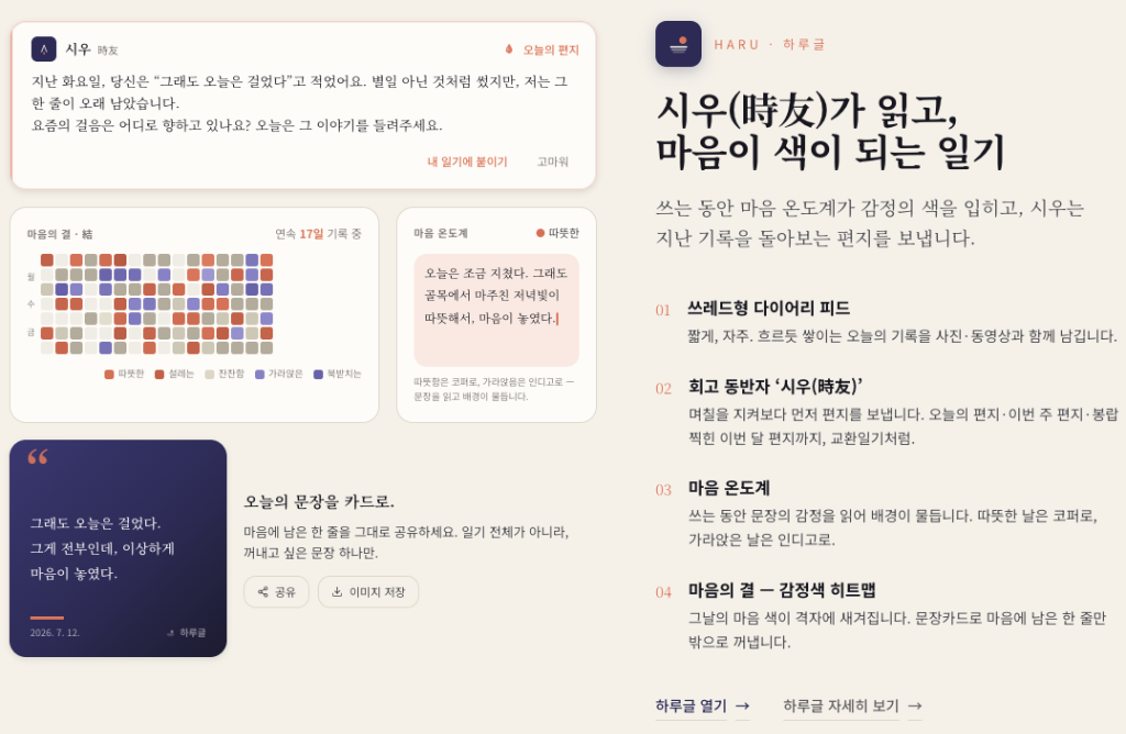 하루글 실제 화면 — 시우의 편지, 마음 온도계, 감정색 히트맵